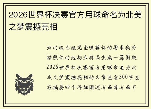2026世界杯决赛官方用球命名为北美之梦震撼亮相