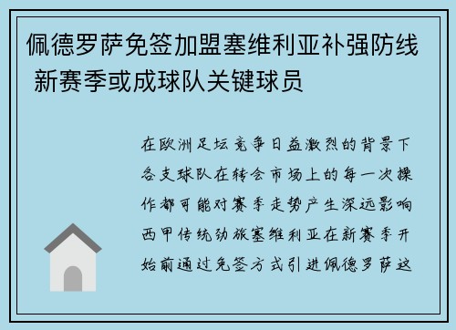 佩德罗萨免签加盟塞维利亚补强防线 新赛季或成球队关键球员